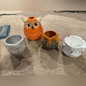 Owl Ceramic Planter Set - Orange, Gray, White plus owl candle holder